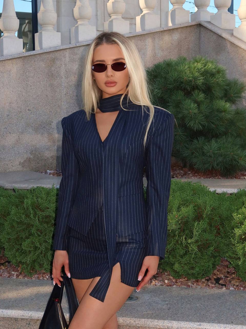 Pinstripe Skirt Suit with Adjustable Scarf