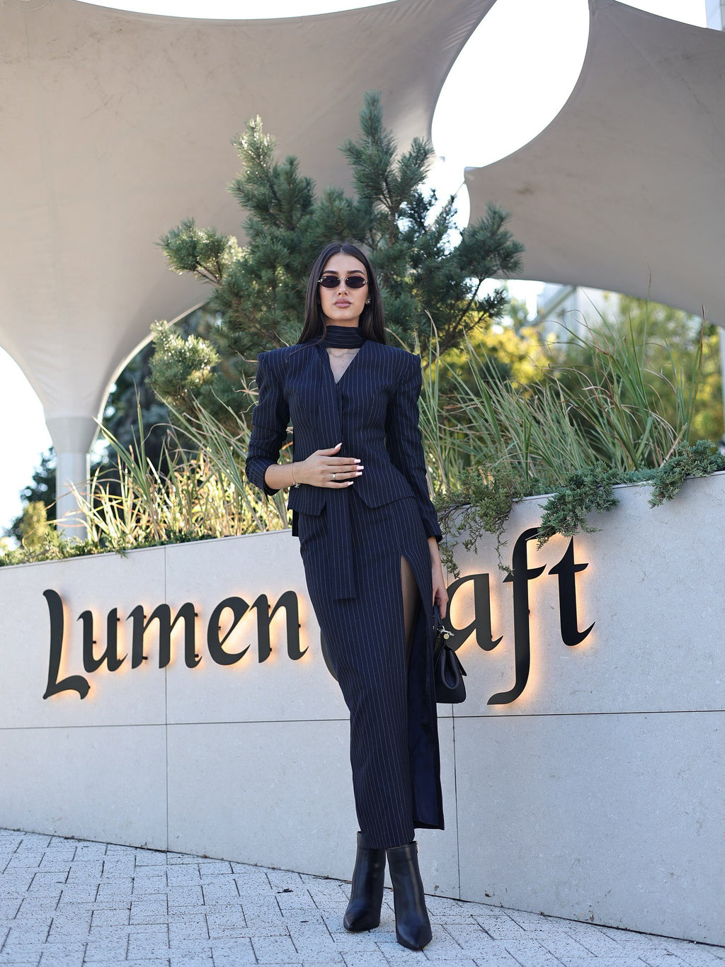 Blue Pinstripe Long Skirt Suit